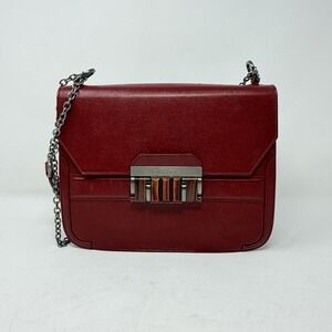 Oscar de la Renta Madison Tiger's Eye Chain Shoulder Bag Red Leather Italy